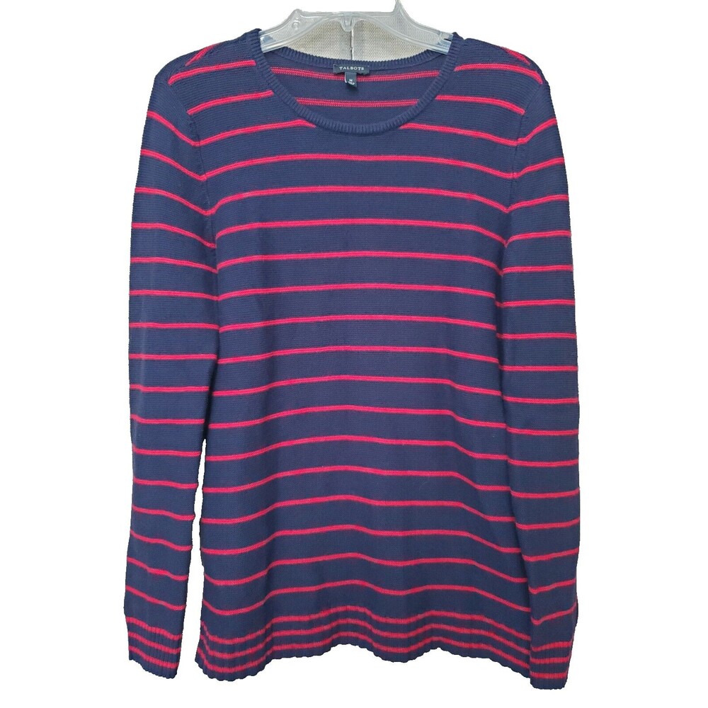 Talbots Cotton/Cashmere Blend Navy w/Red Stripe Long Sleeve Pullover Sweater MED